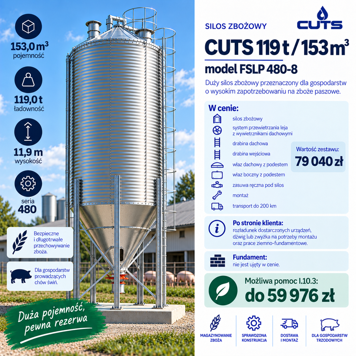 Silos zbożowy 119 t / 153 m³