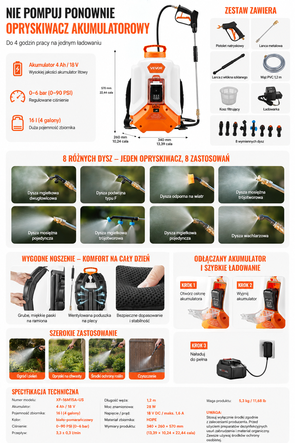 Akumulatorowy opryskiwacz plecakowy 16 l