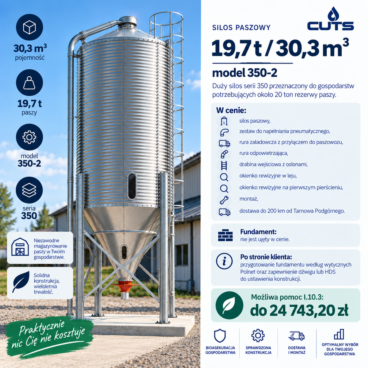 Silos paszowy 19,7 t / 30,3 m³