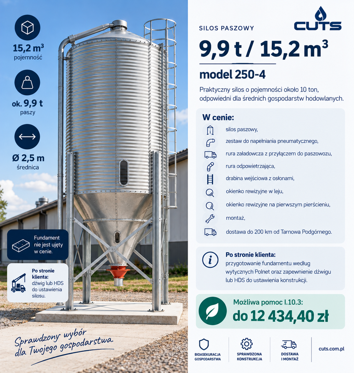 Silos paszowy 9,9 t / 15,2 m³