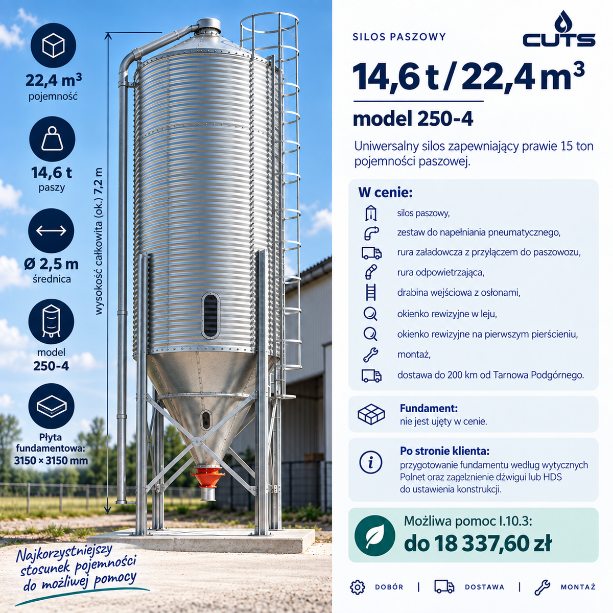 Silos paszowy 14,6 t / 22,4 m³